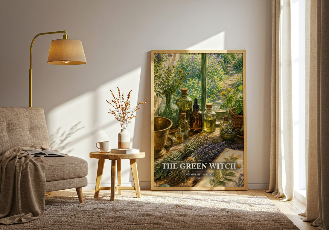 The Green Witch watercolour print in frame leaning in hallway – non fiction wall art