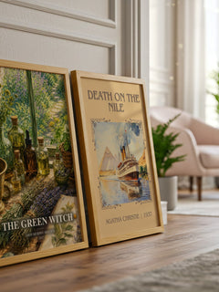 The Green Witch watercolour print framed by window – literary home decor