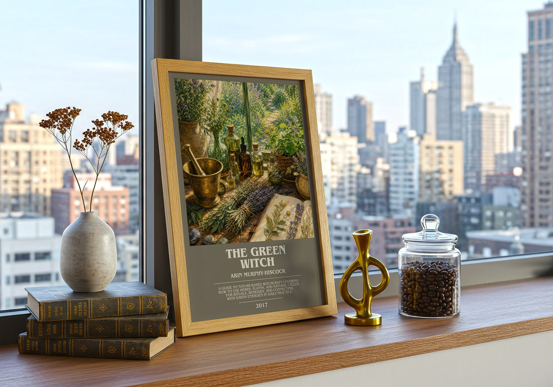 The Green Witch bookish print framed by window – literary home decor