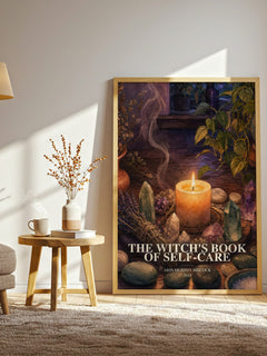 The Witch's Book of Self-Care watercolour print in frame leaning in hallway – non fiction wall art