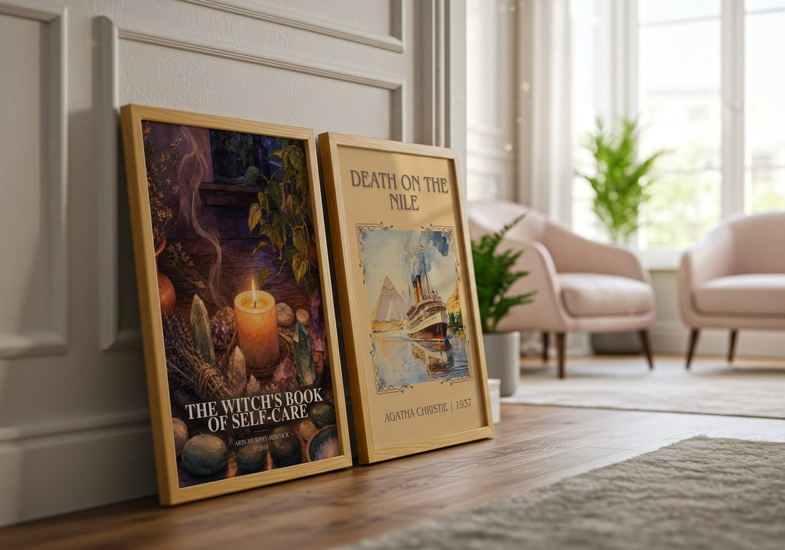 The Witch's Book of Self-Care watercolour print framed by window – literary home decor