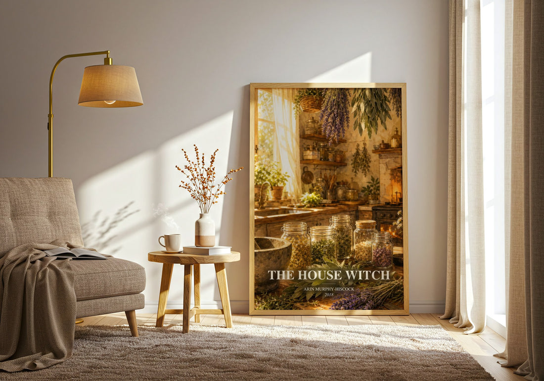The House Witch watercolour print in frame leaning in hallway – non fiction wall art