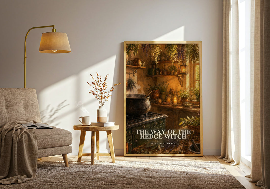 The Way of the Hedge Witch watercolour print in frame leaning in hallway – non fiction wall art