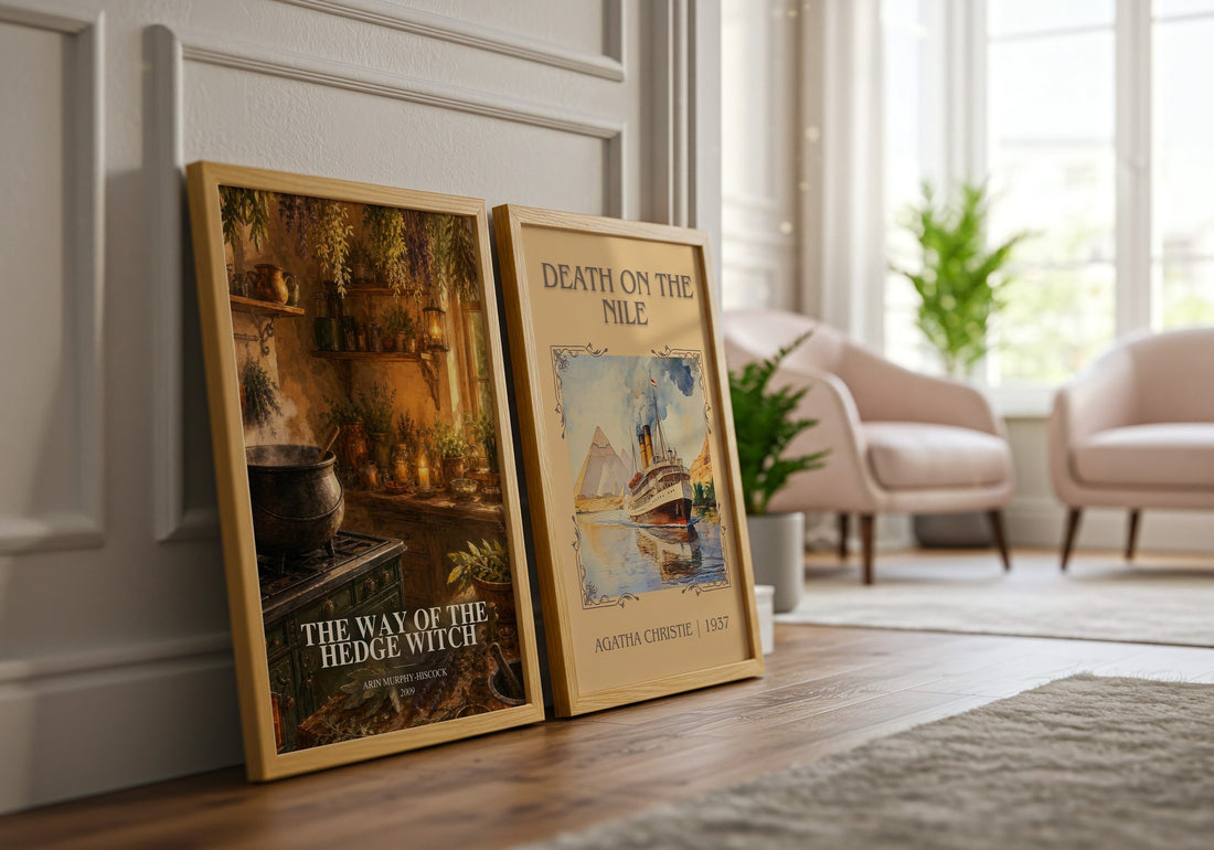 The Way of the Hedge Witch watercolour print framed by window – literary home decor