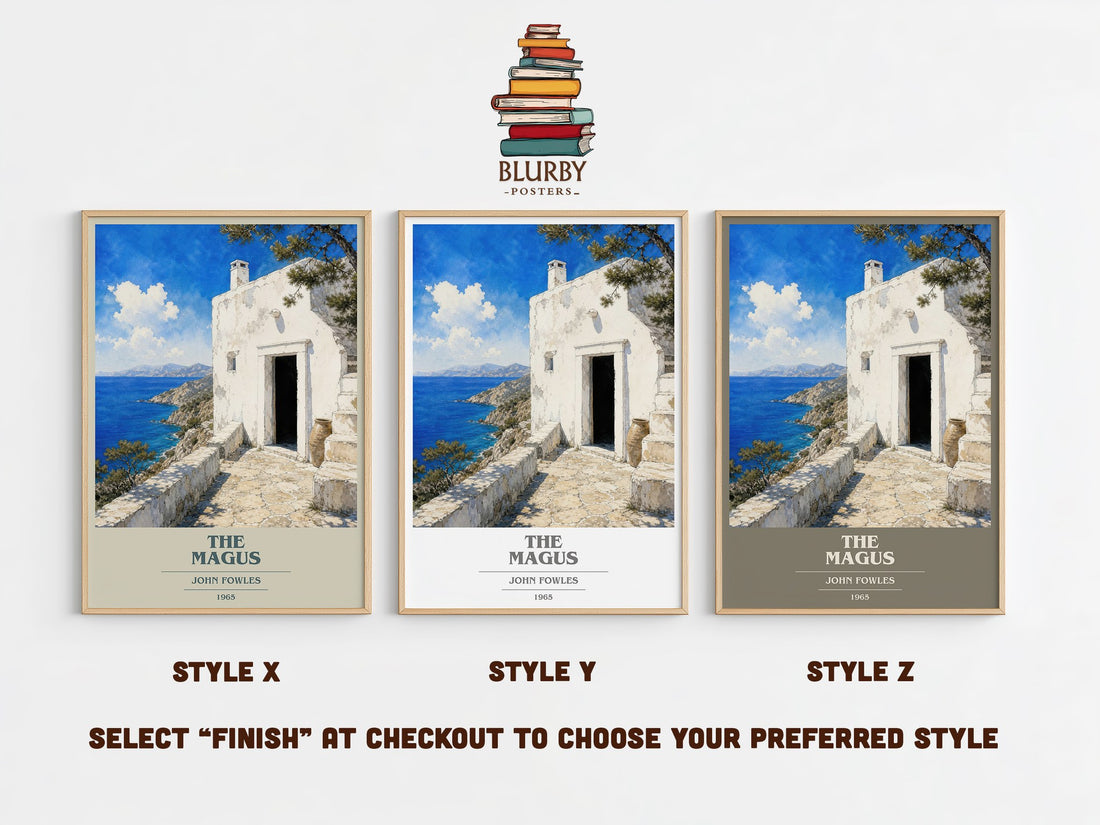 The Magus book cover print in frame leaning in hallway – literary fiction wall art (mockup)