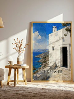 The Magus watercolour print in frame leaning in hallway – literary fiction wall art