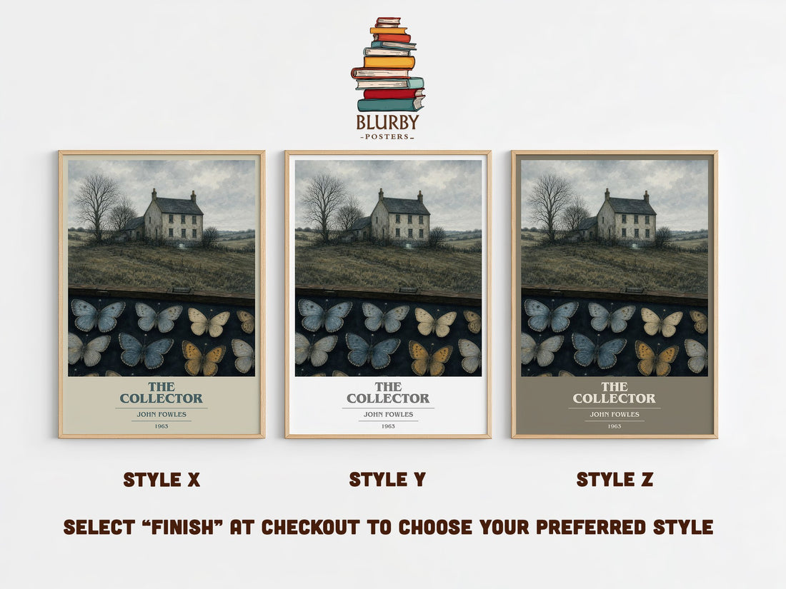 The Collector book cover print in frame leaning in hallway – thriller wall art (mockup)