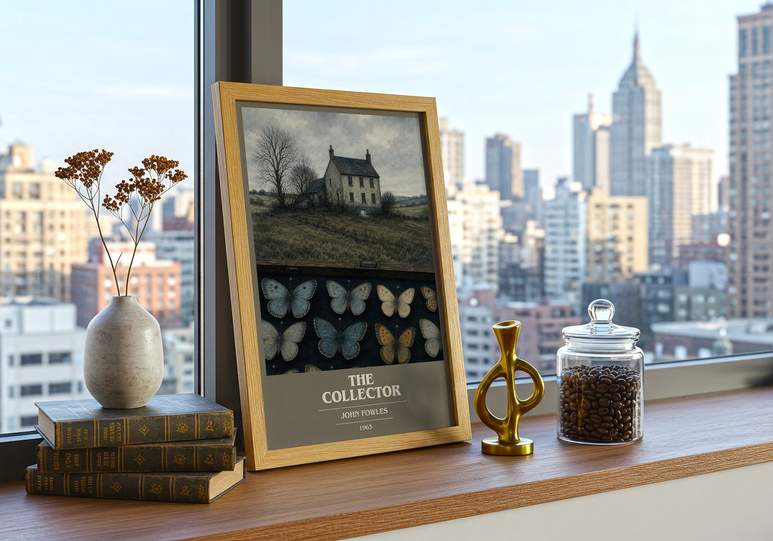 The Collector book cover print framed by window – literary home decor