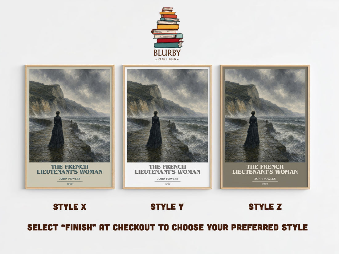 The French Lieutenant's Woman book cover print in frame leaning in hallway – literary fiction wall art (mockup)