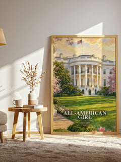 All-American Girl watercolour print in frame leaning in hallway – young adult wall art