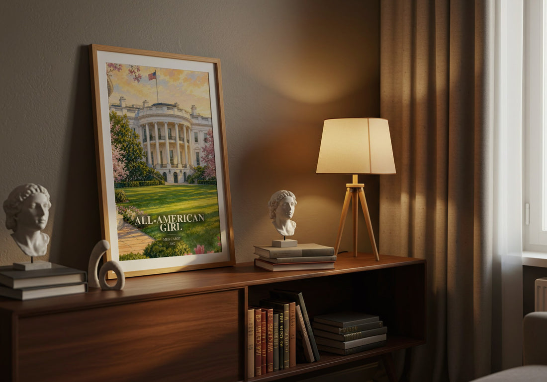 All-American Girl watercolour print on bookshelf – Meg Cabot fan gift