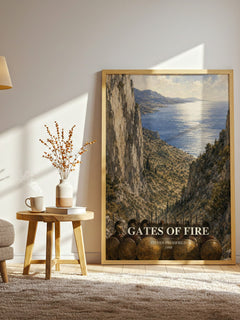 Gates of fire watercolour print in frame leaning in hallway – historical fiction wall art