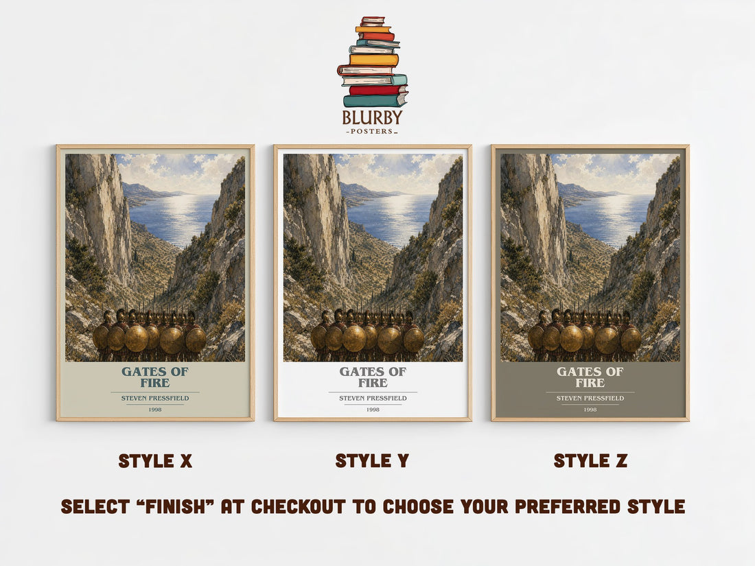Gates of fire book cover print in frame leaning in hallway – historical fiction wall art (mockup)