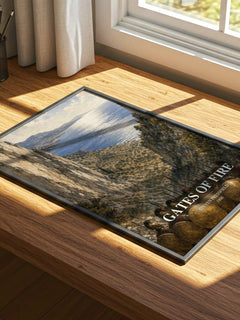 Gates of fire watercolour book poster framed on wall – historical fiction wall art