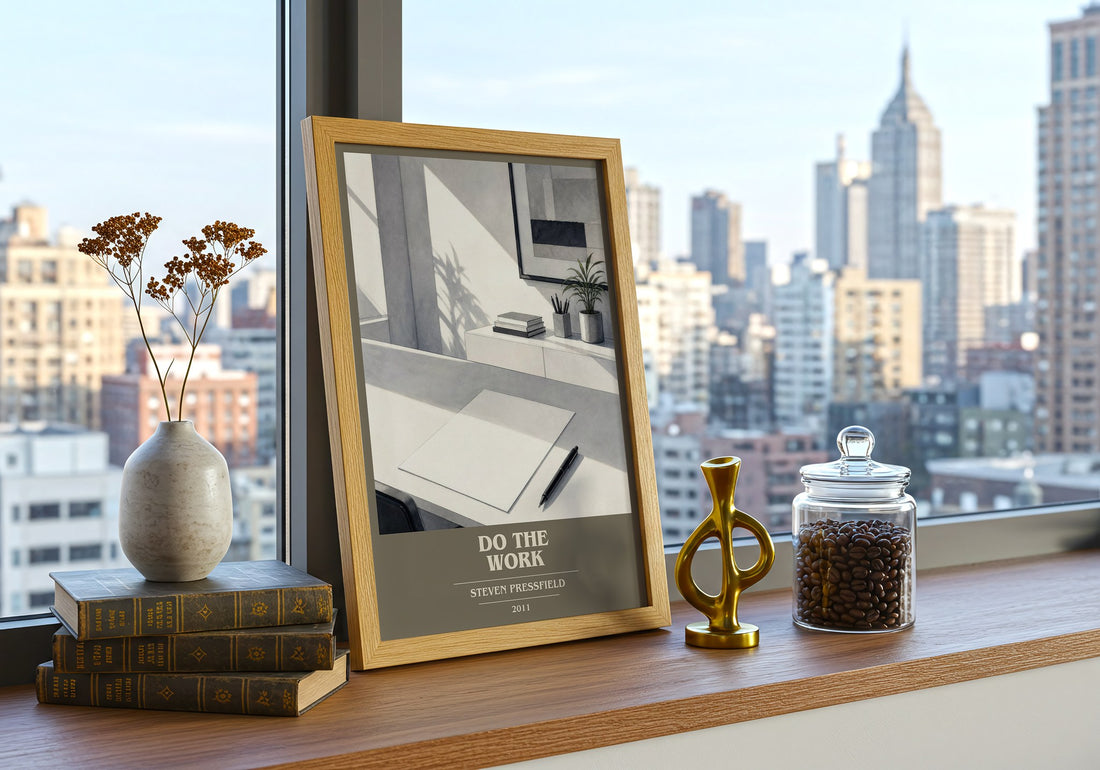 Do the Work Book Cover Poster by Steven Pressfield – framed print on a city-view windowsill