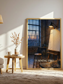 Turning pro watercolour print in frame leaning in hallway – non fiction wall art