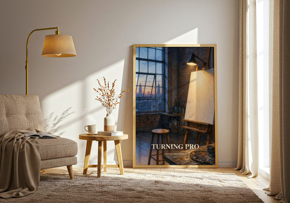 Turning pro watercolour print in frame leaning in hallway – non fiction wall art
