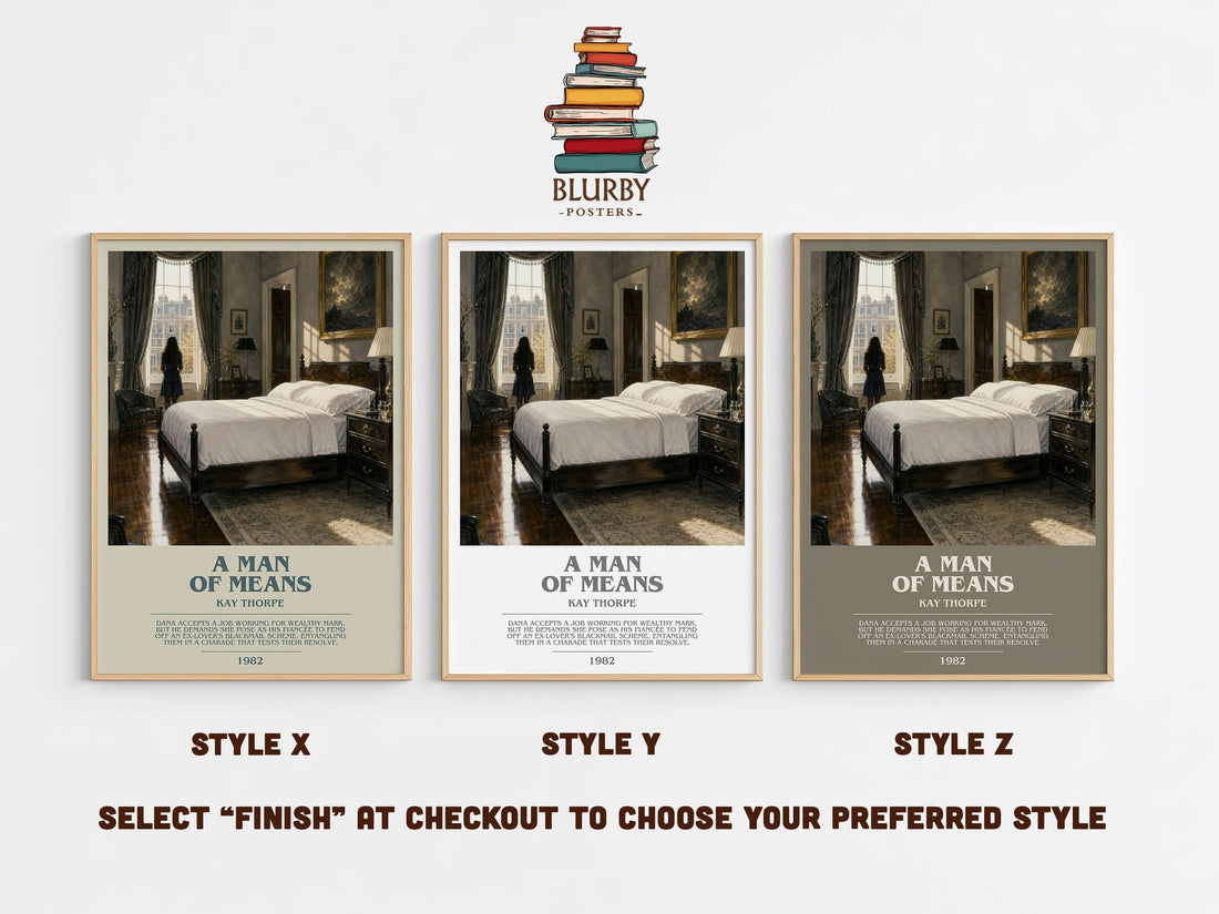 A Man of Means bookish print in frame leaning in hallway – romance wall art (mockup)