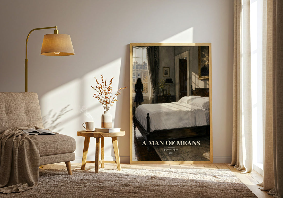A Man of Means watercolour print in frame leaning in hallway – romance wall art