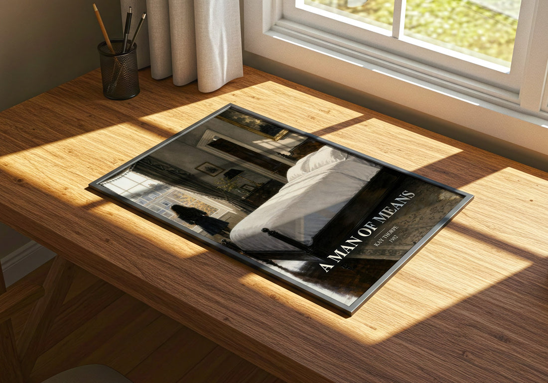A Man of Means watercolour book poster framed on wall – romance wall art
