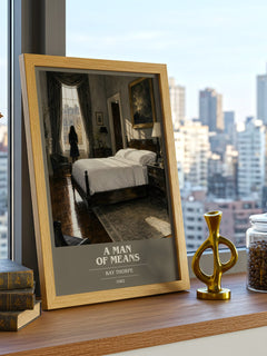 A Man of Means book cover print framed by window – literary home decor