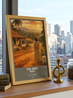 The Iron Man book cover print framed by window – literary home decor