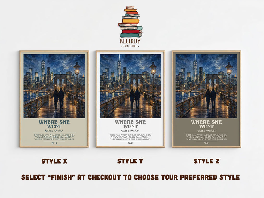 Where She Went bookish print in frame leaning in hallway – young adult wall art (mockup)