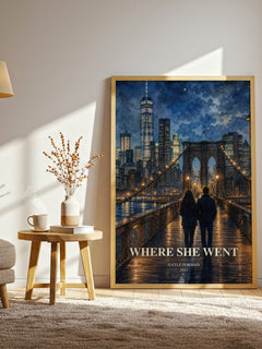 Where She Went watercolour print in frame leaning in hallway – young adult wall art