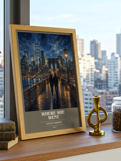 Where She Went book cover print framed by window – literary home decor