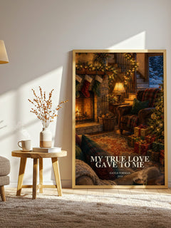 My True Love Gave to Me watercolour print in frame leaning in hallway – young adult wall art