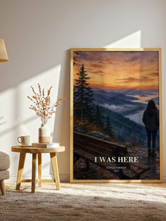 I Was Here watercolour print in frame leaning in hallway – contemporary fiction wall art