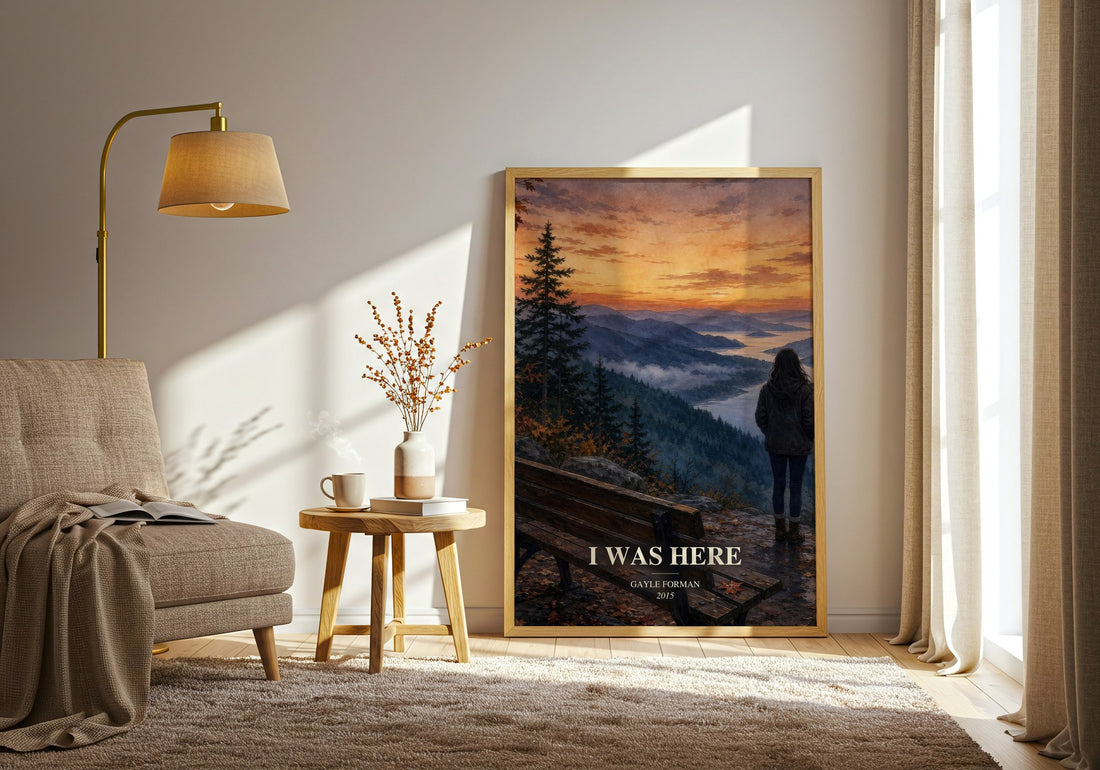 I Was Here watercolour print in frame leaning in hallway – contemporary fiction wall art