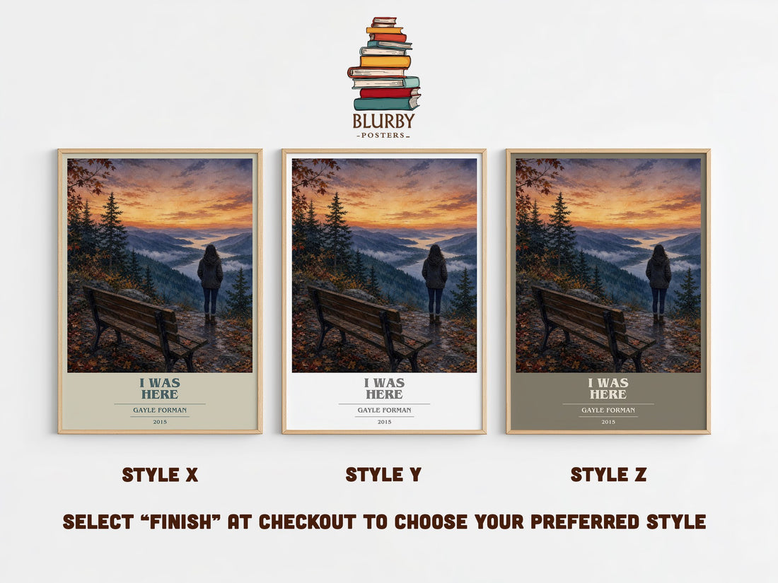 I Was Here book cover print in frame leaning in hallway – contemporary fiction wall art (mockup)