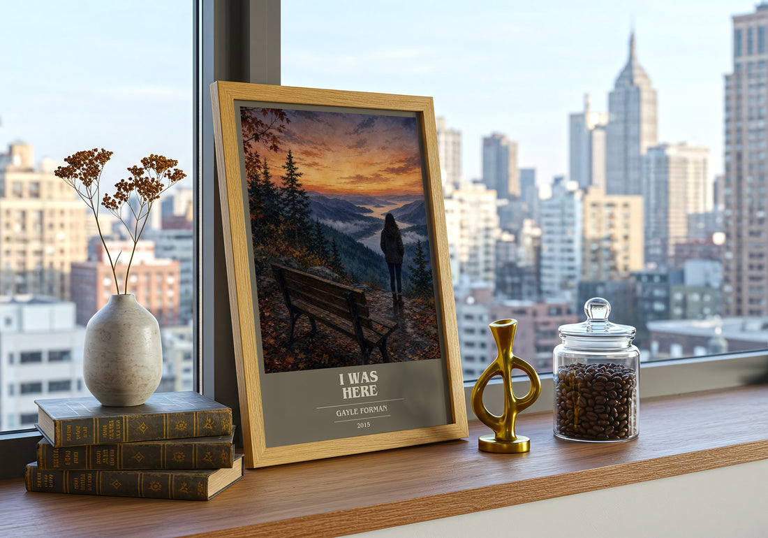 I Was Here book cover print framed by window – literary home decor