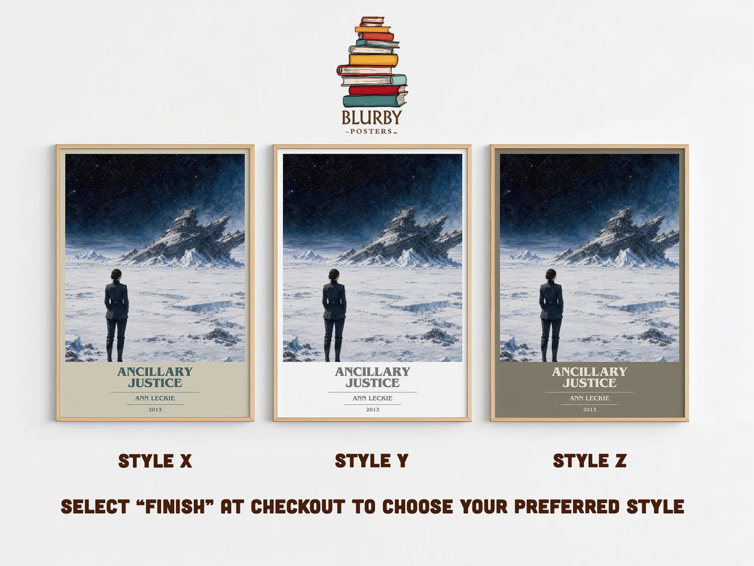Ancillary Justice book cover print in frame leaning in hallway – sci fi wall art (mockup)