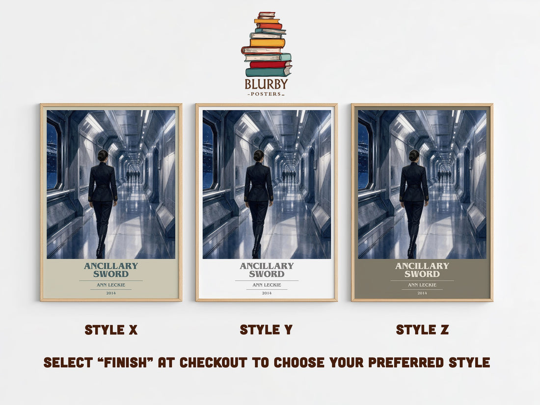 Ancillary Sword book cover print in frame leaning in hallway – sci fi wall art (mockup)