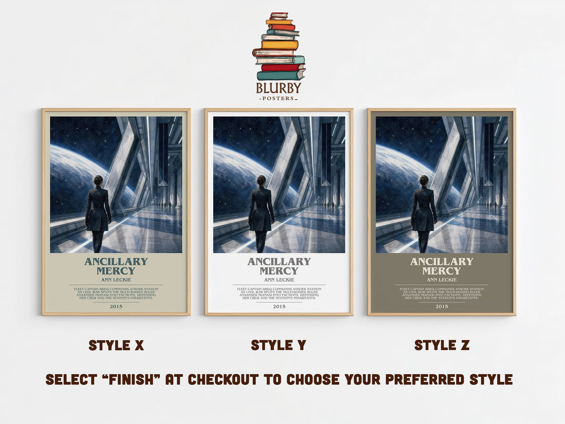 Ancillary Mercy bookish print in frame leaning in hallway – sci fi wall art (mockup)