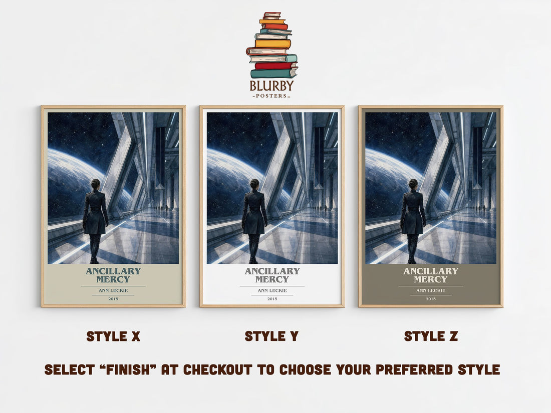 Ancillary Mercy book cover print in frame leaning in hallway – sci fi wall art (mockup)