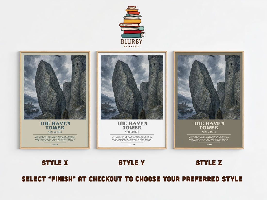 The Raven Tower bookish print in frame leaning in hallway – fantasy wall art (mockup)