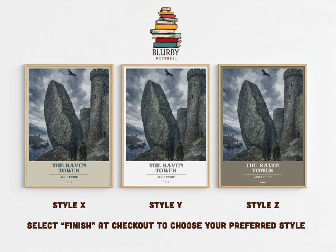 The Raven Tower book cover print in frame leaning in hallway – fantasy wall art (mockup)