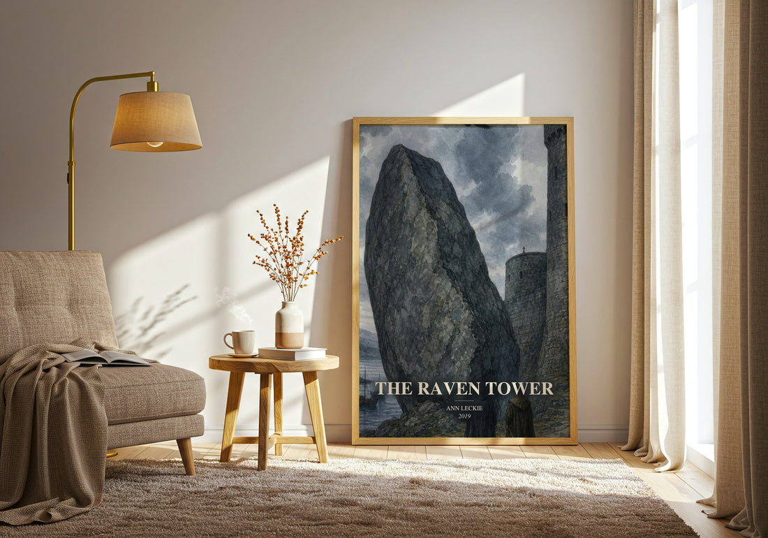 The Raven Tower watercolour print in frame leaning in hallway – fantasy wall art