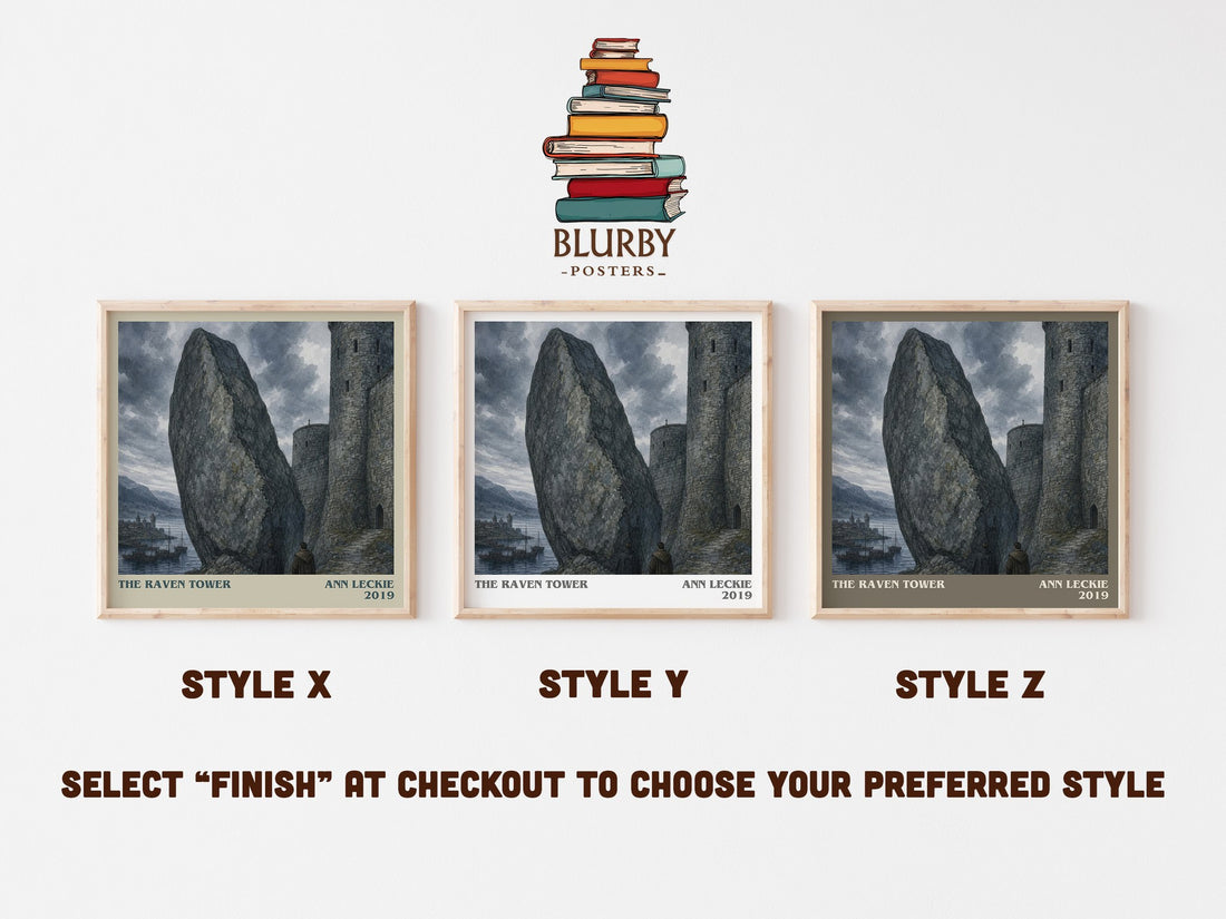The Raven Tower literary print in frame leaning in hallway – fantasy wall art (mockup)