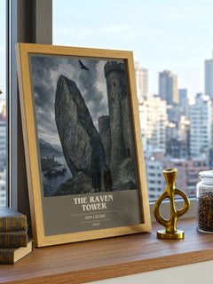 The Raven Tower book cover print framed by window – literary home decor