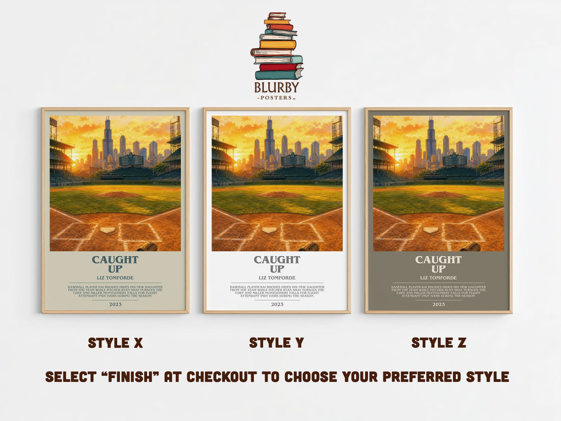 Caught Up bookish print in frame leaning in hallway – romance wall art (mockup)