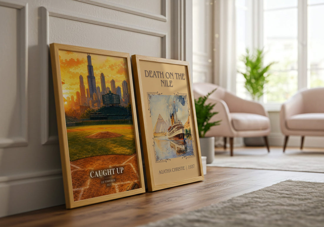 Caught Up watercolour print framed by window – literary home decor