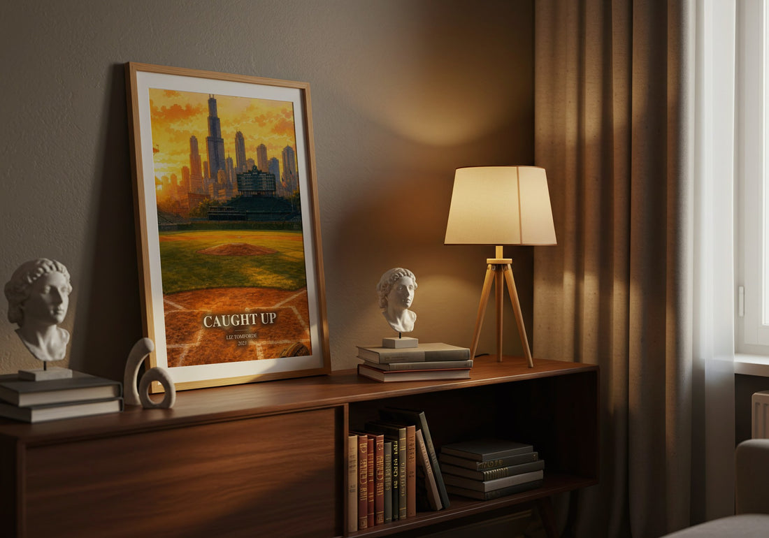 Caught Up watercolour print on bookshelf – Liz Tomforde fan gift