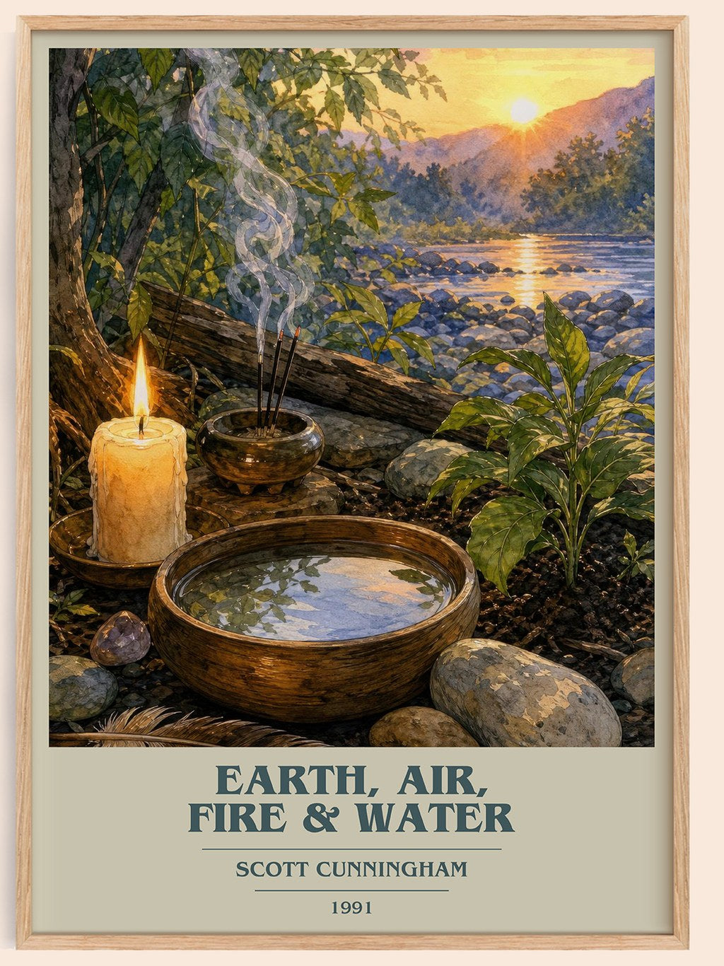 Earth, air, fire & water book cover book poster by Scott Cunningham – framed literary art print