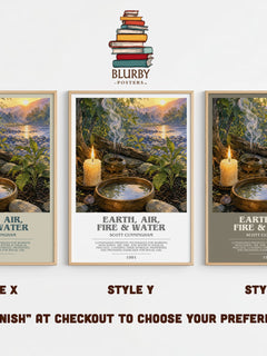 Earth, air, fire & water bookish print in frame leaning in hallway – non fiction wall art