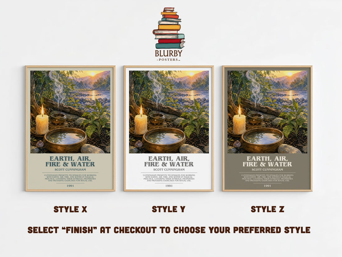 Earth, air, fire & water bookish print in frame leaning in hallway – non fiction wall art (mockup)