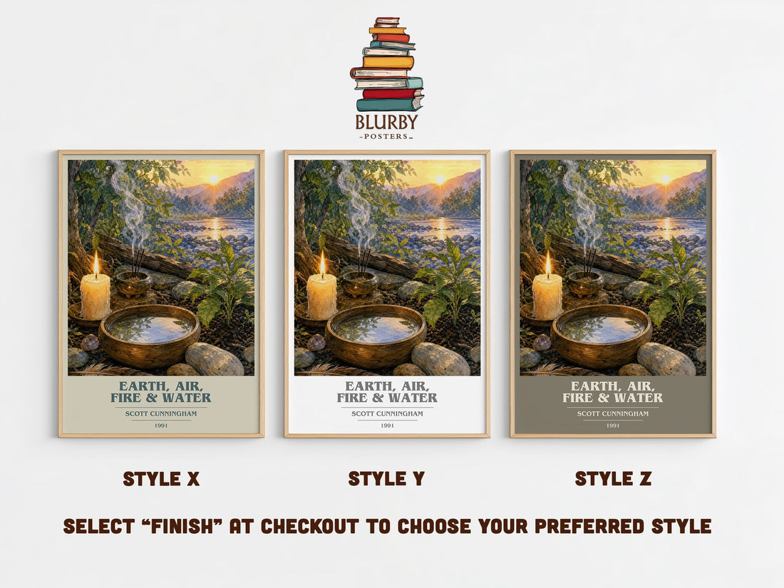 Earth, air, fire & water book cover print in frame leaning in hallway – non fiction wall art (mockup)